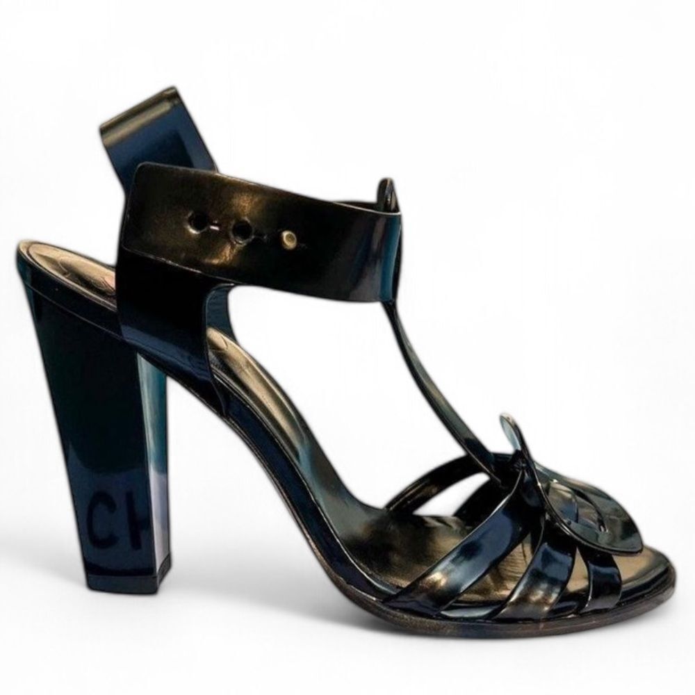 Roger Vivier Black Open Toe Signature Buckle Block Heel Sandals Size It3